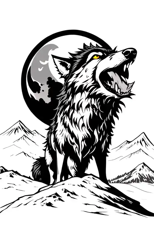 Angry Wolf With Bloody Teeth Howling At The Moon Yellow Eyes Mountians In The Background