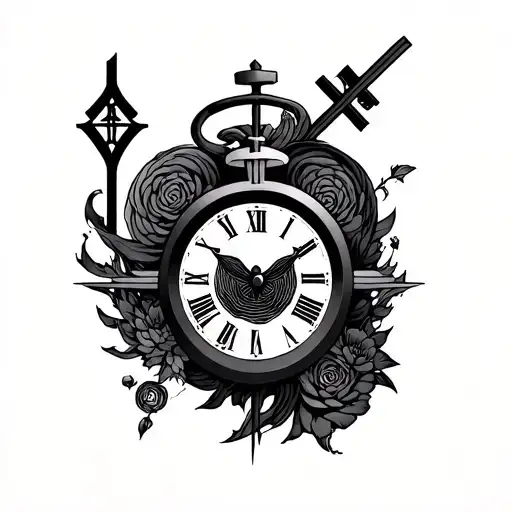 Japanese Symbol With Elements And Clock And A Cross
