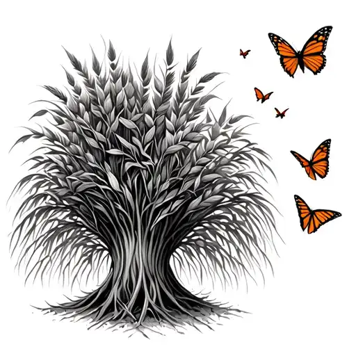 A Broom Tree With Desert Reeds Around It And Small Orange Monarch Butterflies Flying Around