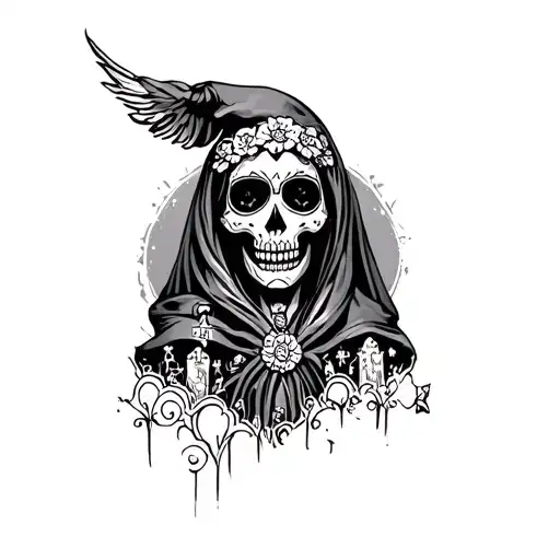 Santa Muerte With Graveyard In The Background