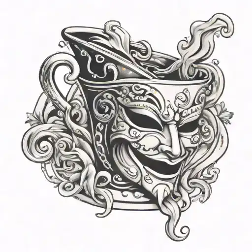 A Coffee Cup With A Theatre Mask Design And Smoke Swirling Around It