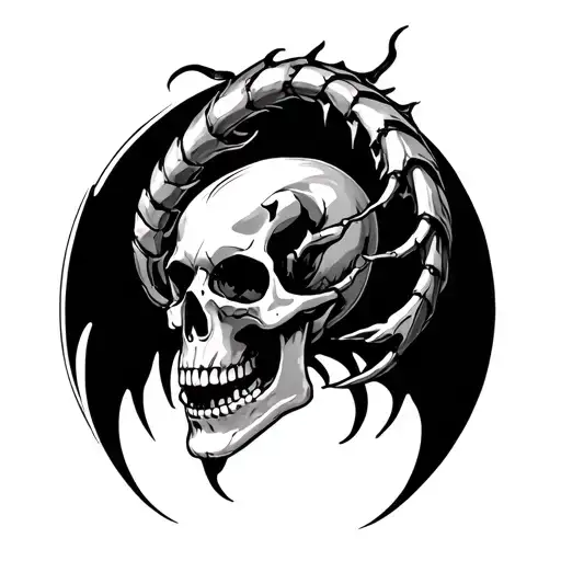 A Tatto Of A Human Skull With The Back Of It Transformed To A Scorpio Tail