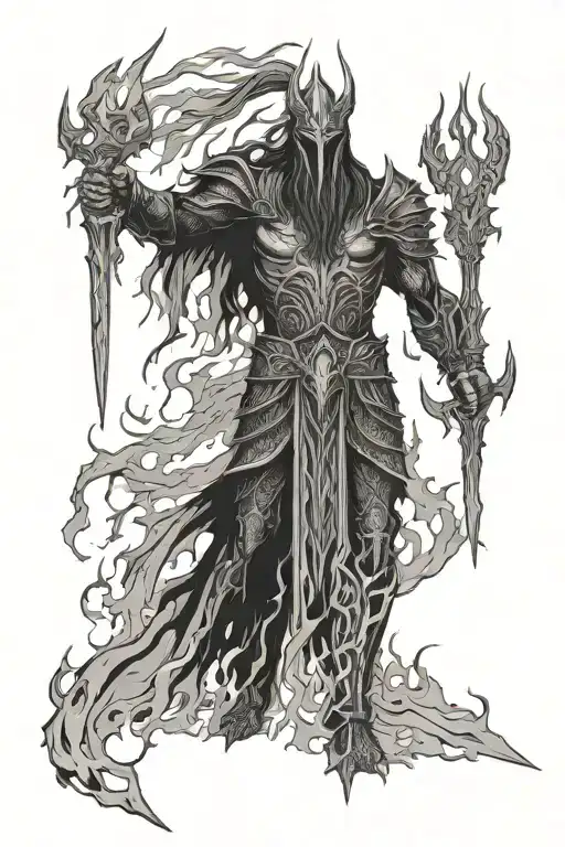 Morgoth Sauron Warrior Standing In Flames With El Ven Writing