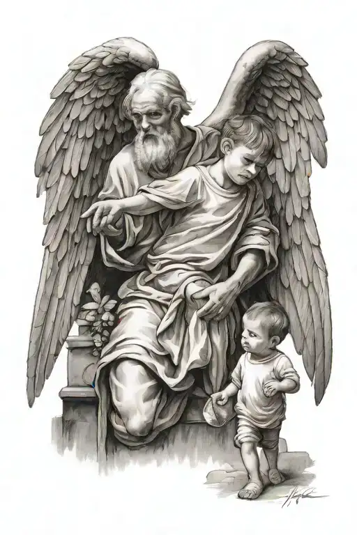 Saint Samuel With Wings While Little Boy Walking Looking Up At Him