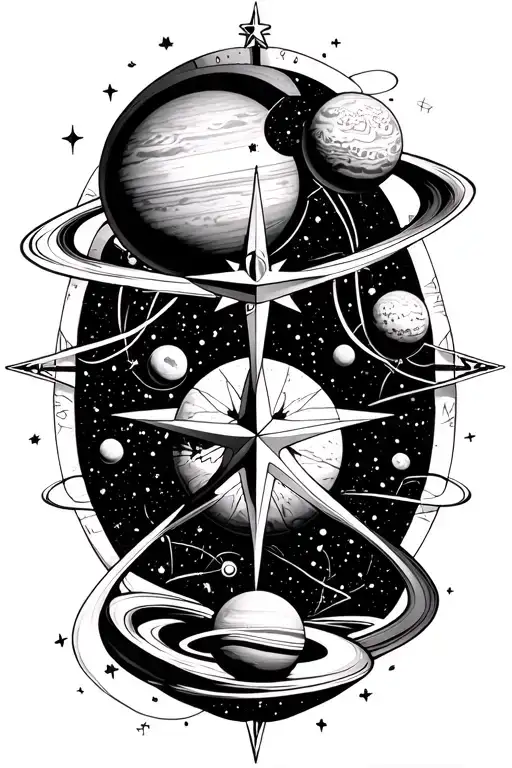 Nautical Star Compass With Planets And An Atom Strucuture