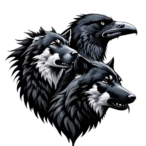 Raven And Two Wolves