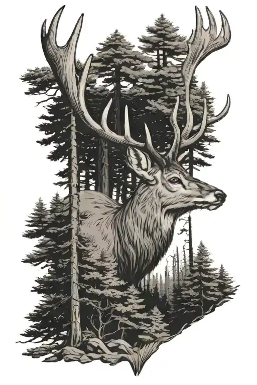Deer Looking Out Of Pine Trees