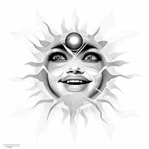 Sun With A Beautiful Kind Face And Strings Of Beads Drapped And Hanging From It's Rays