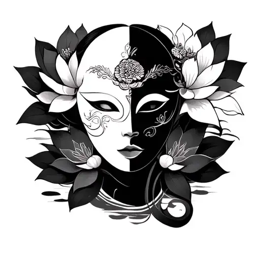 Woman With Japanese Mask And Lotus Flowers