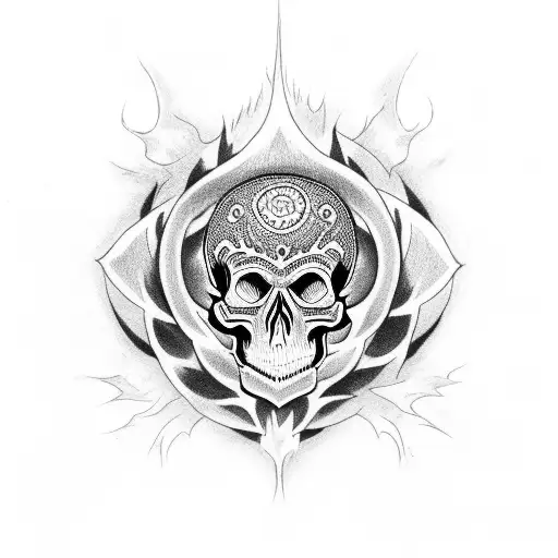 Skull Surrounded By Dotwork Flames In The Shape Of An Admin Symbol