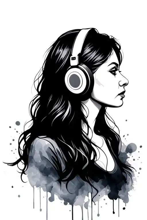Outline Of Woman With Headphones Consumed In Watercolor Music