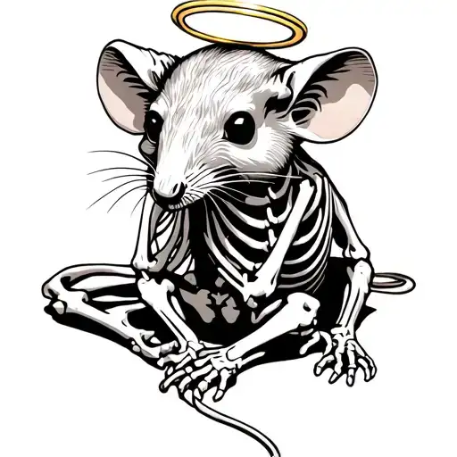 Praying Rat Skeleton With A Halo Sitting On Top
