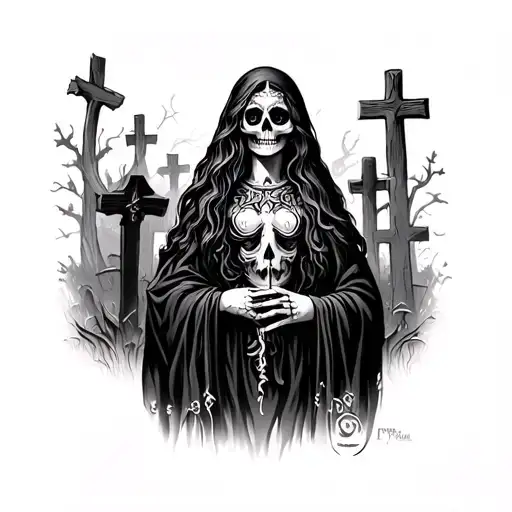 Santa Muerte Full Body With Graveyard In The Background