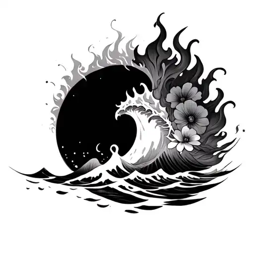 Fire Ocean Wave And Flower