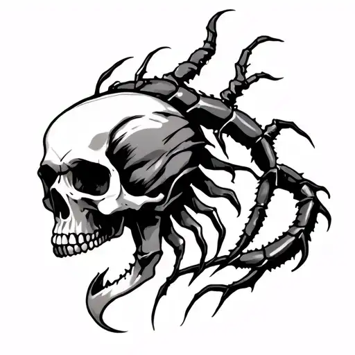 A Tatto Of A Human Skull With The Back Of It Transformed To A Scorpio Tail