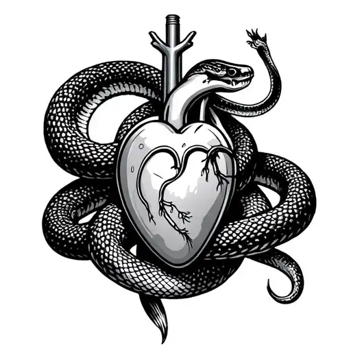 Cardiac Pacemaker With A Snake Wrapped Around It In A Tattoo Style Black And White