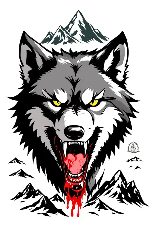 Angry Wolf With Bloody Teeth And Yellow Eyes Mountians In The Background