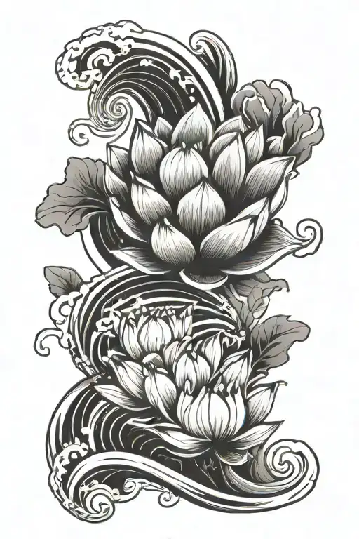 Japanese Waves With Lotus Flower Growing Spiral