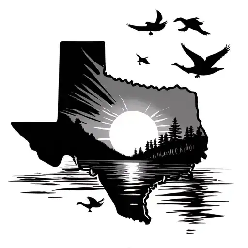 Texas Outline Filled With Sunrise And Ducks Flying