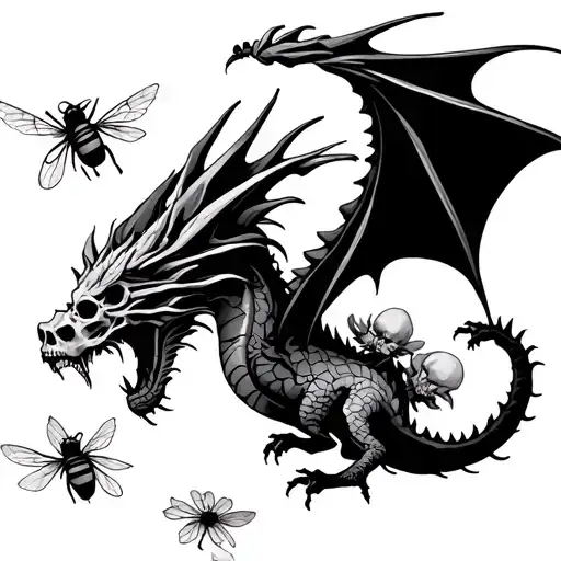Dragon And Skulls And Snowflowers And Bees Flying