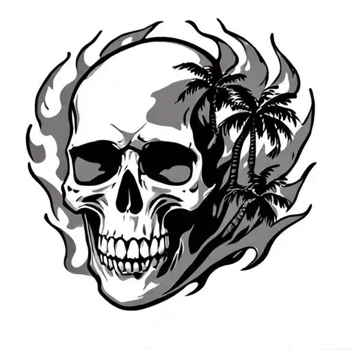 Skull Flames And Palm Trees