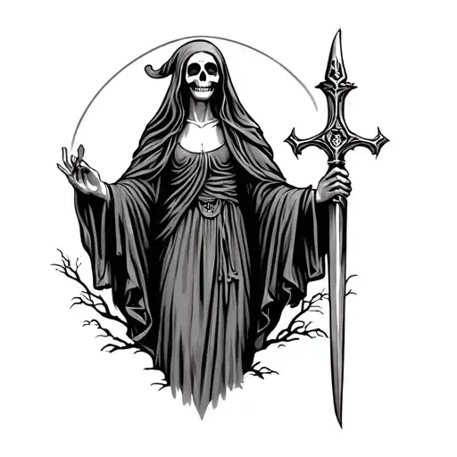 Santa Muerte Holding A Scyte With A Graveyard In The Background
