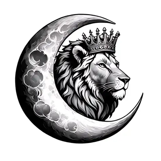 Moon And Lion Wearing A Crown Looking