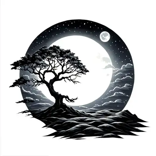 Tree With The Sun And Moon With Night Sky