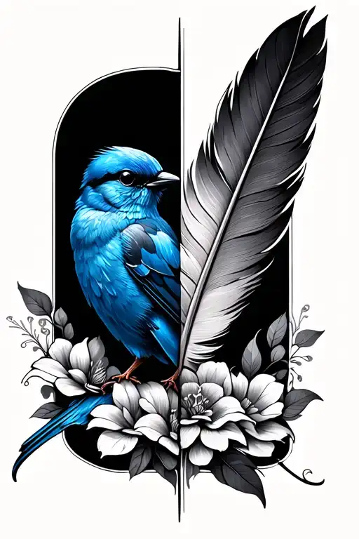 Half Sleeve Bluebird And Feather Side By Side
