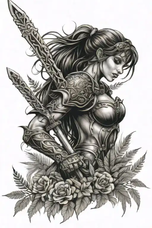 Lady Warrior Holding Sword In Meadow And Ferns Background