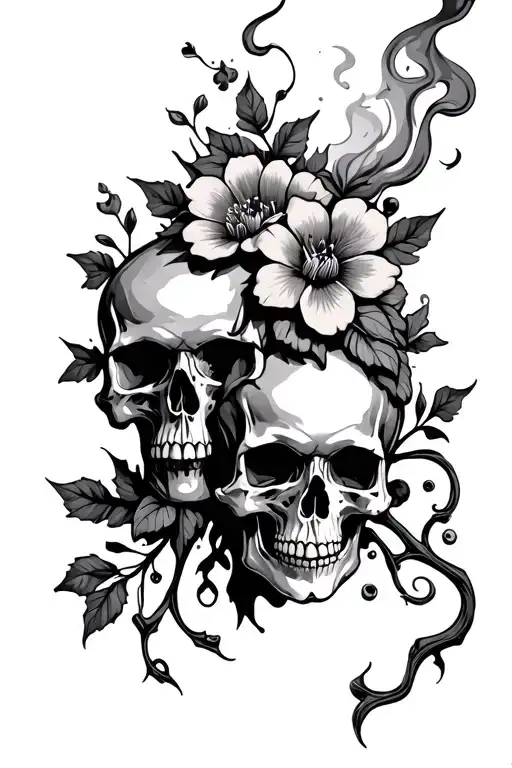 Flowers With Skull And Vines And Smoke Rising