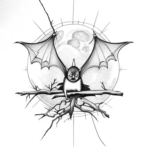 Bat With Moon And Tree Branches