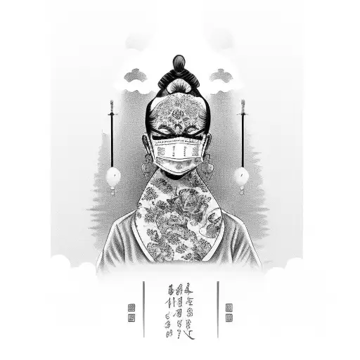 Classy Woman With A Chinese Mask Holding A Briefcase