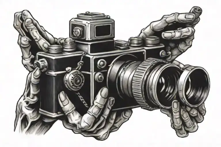 Skeleton Hands Holding Vintage Camera