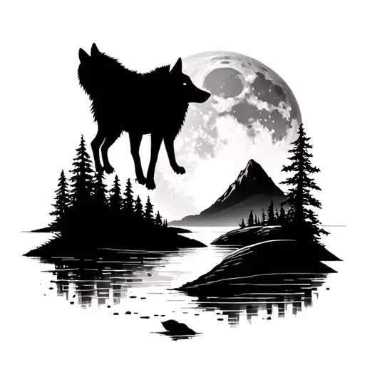 Wolf Moon Mountains River Beach Scene