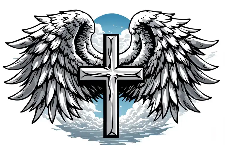 Angel Wings With Cross In The Middle With Clouds In Background