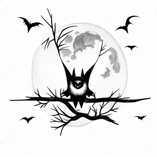 Bat With Moon And Tree Branches