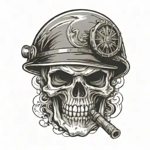 Skull With Military Helmet And Smoking A Pipe Shaped Like