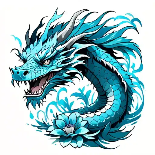 Blue Dragon With Flowers And Water