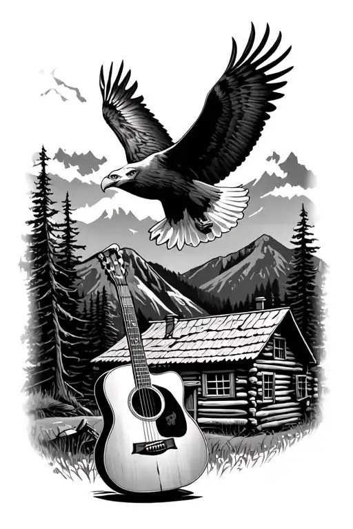 Acoustic Guitar On A Mountain In Front Of A Log Cabin With A Bald Eagle Flying Overhead
