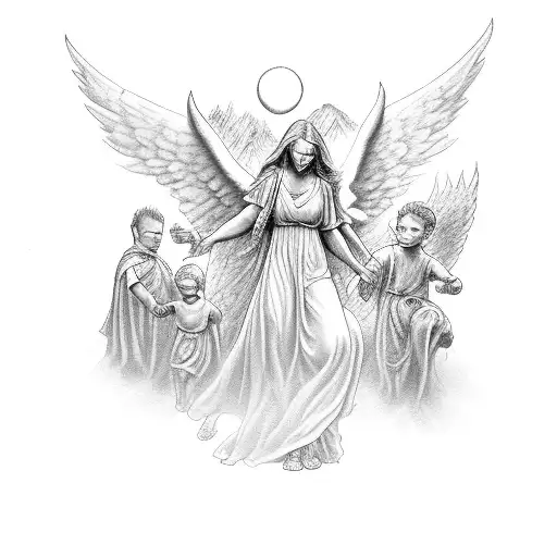 A Black-grey Tattoo Of A Guardian Angel Protecting A Peaceful Family
