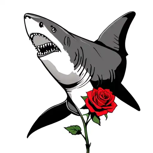 Hammerhead Shark Black And White With 1 Red Rose