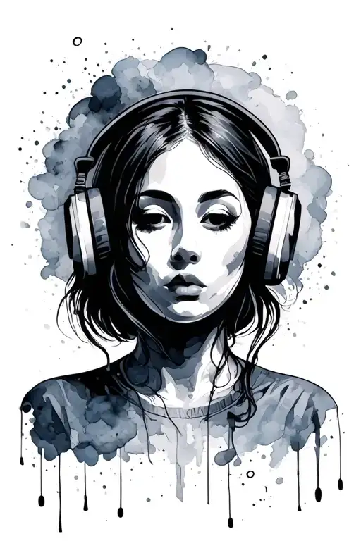 Outline Of Woman No Face With Headphones Consumed In Watercolor Music
