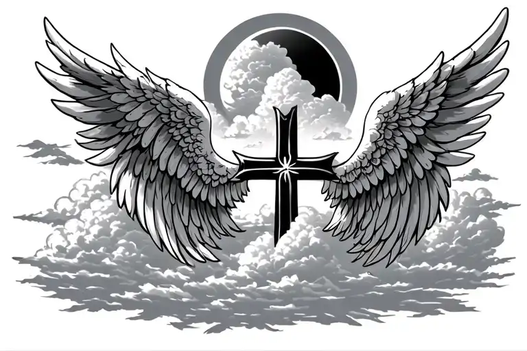 Angel Wings With Cross In The Middle With Clouds In Background Realistic