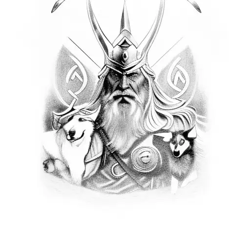 A Norse Mythology-inspired Scene Featuring Odin Accompanied By A Pack Of Dogs