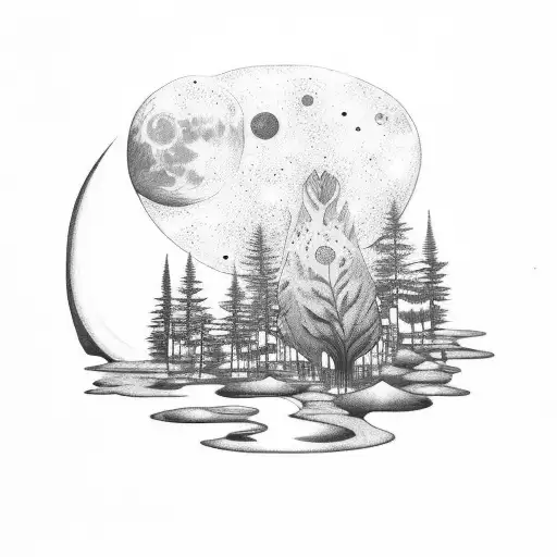 Crecent Moon With Forest Plants And Sparkles Inside