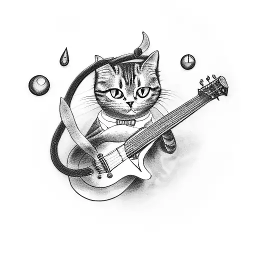 A Mystical Black And Grey Tattoo Of A Witchy Cat Playing A Vintage Guitar