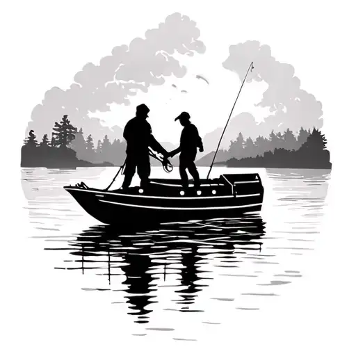 River Boat With Two Shadows Of Father And Son Fishing Off The Boat