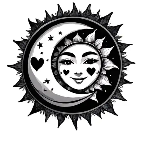American Traditional Moon And Sun Tattoo Smiling Subtle Have Heart On They Cheeks