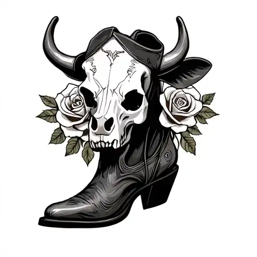 Cowboy Boot Cow Skull Roses Intertwined